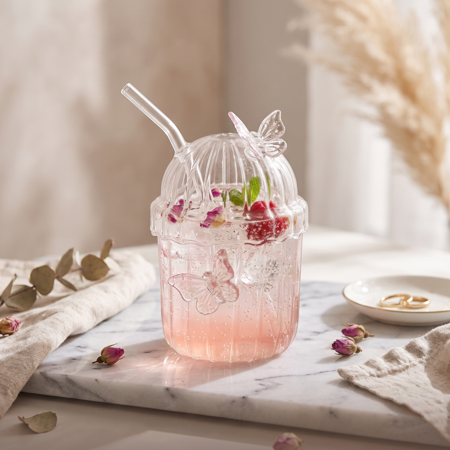 Pink Butterfly Glass Tumbler Bundle (Set of 4)