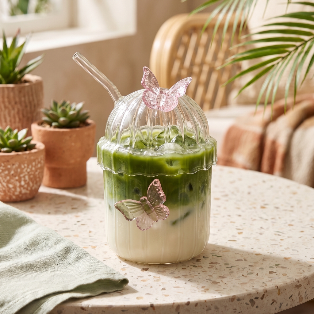 A clear ribbed plastic cup with a dome lid and straw, decorated with two pink butterfly embellishments, filled with a layered green and white drink, set on a speckled table in a softly lit indoor scene.